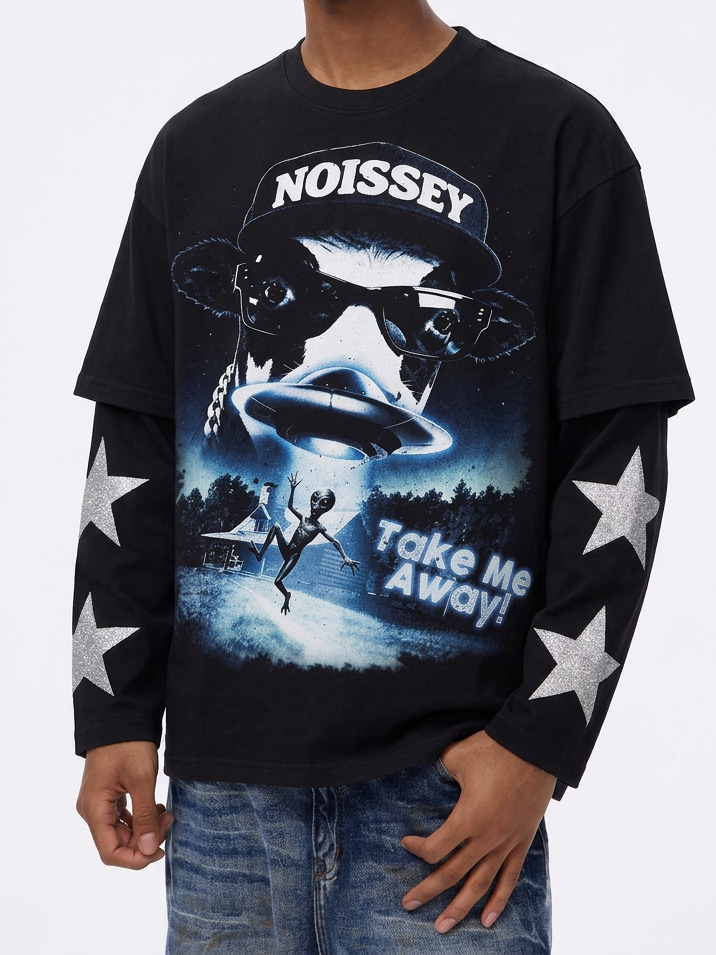 NOISSEY "Take Me Away" Alien Cow UFO Parody Black Fake Two-Piece Long-Sleeve Tee
