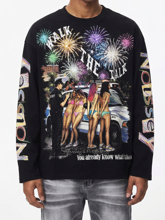 NOISSEY "WALK THE TALK" Party Police & Fireworks Crayon Graffiti Black Long Sleeve Tee