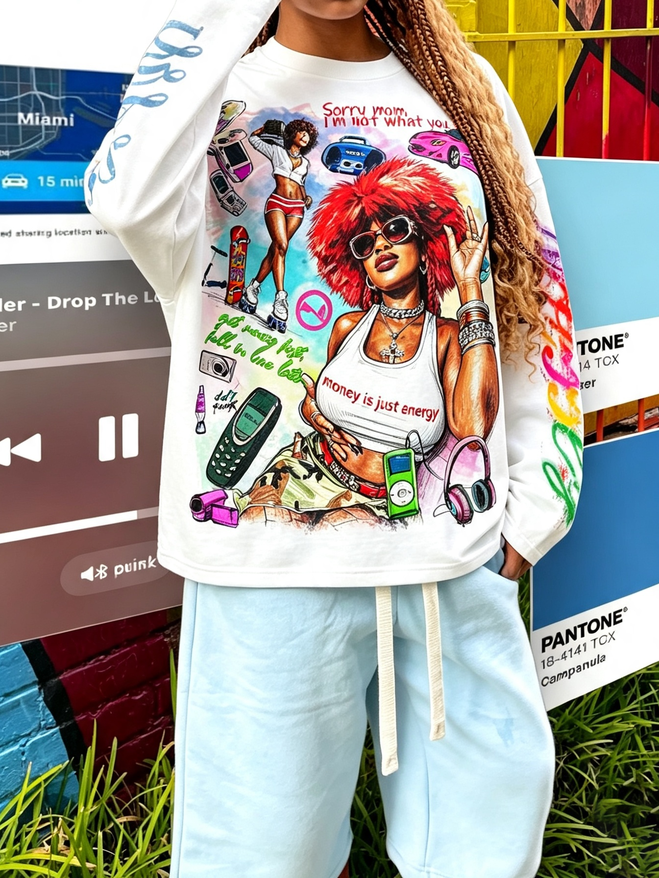 NOISSEY Y2K Retro Graffiti Female Portrait Long-Sleeve Sweatshirt - Pure White / Classic Black