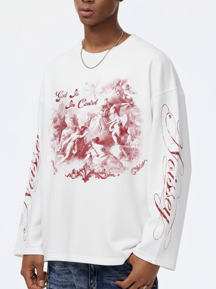 NOISSEY "God Is In Control" Vintage Crimson Angel Oil Painting Graphic Long Sleeve Sweatshirt