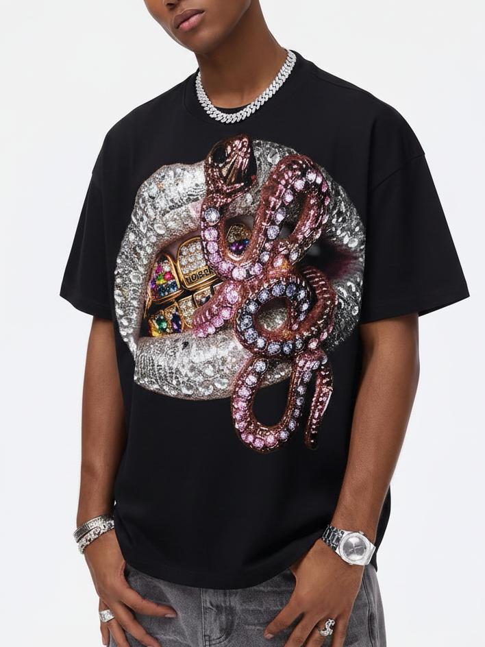 NOISSEY "Diamond Lips & Python" Grillz & Pink Rhinestone Snake Graphic Oversized Tee