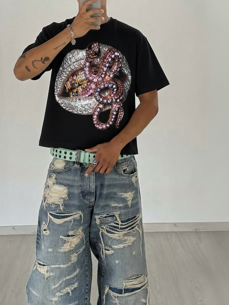 NOISSEY "Diamond Lips & Python" Grillz & Pink Rhinestone Snake Graphic Oversized Tee