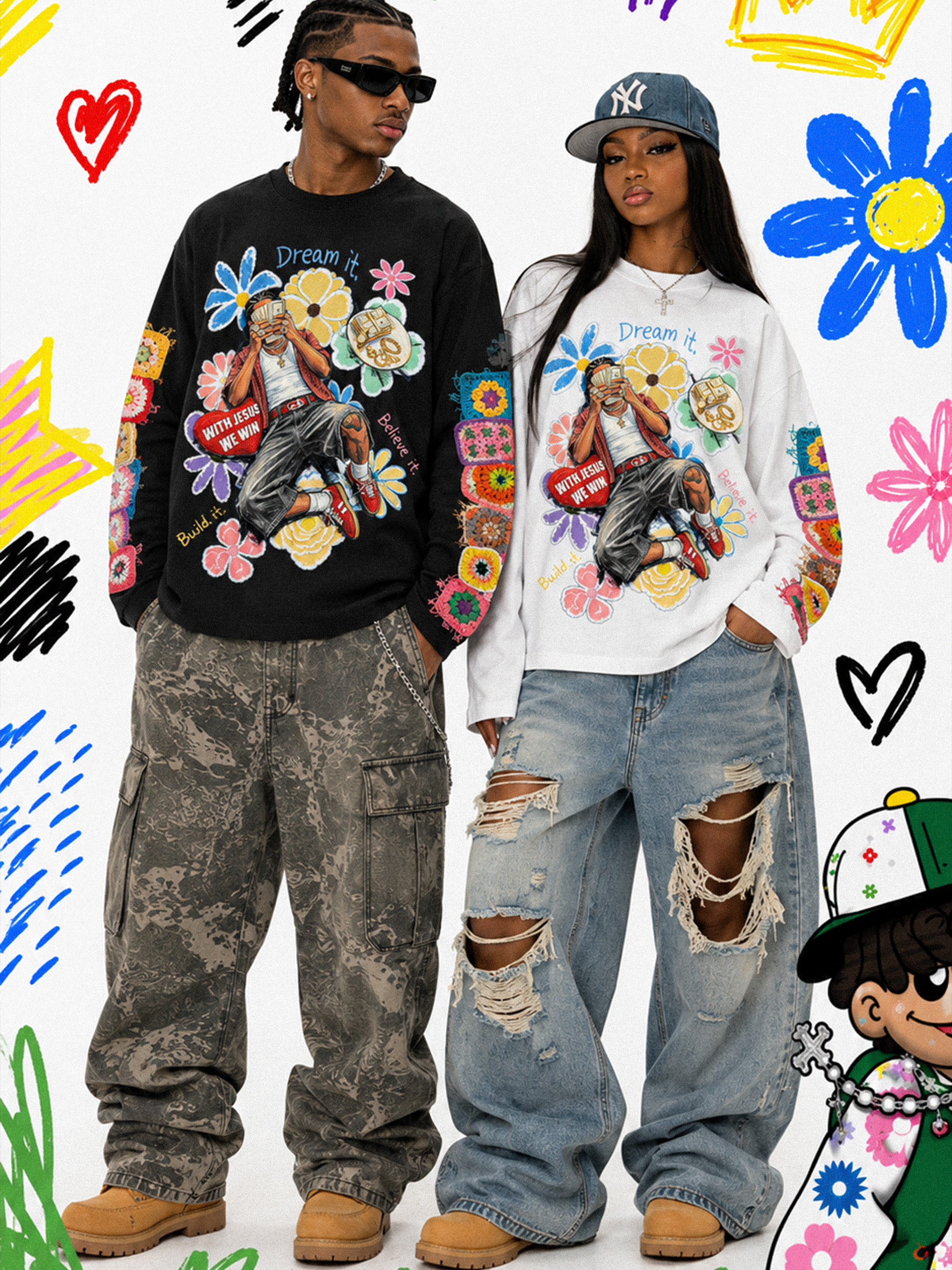 NOISSEY "Dream & Win" Fake Crochet Patchwork Floral & Cash Portrait Graphic Long Sleeve Tee Two Colors