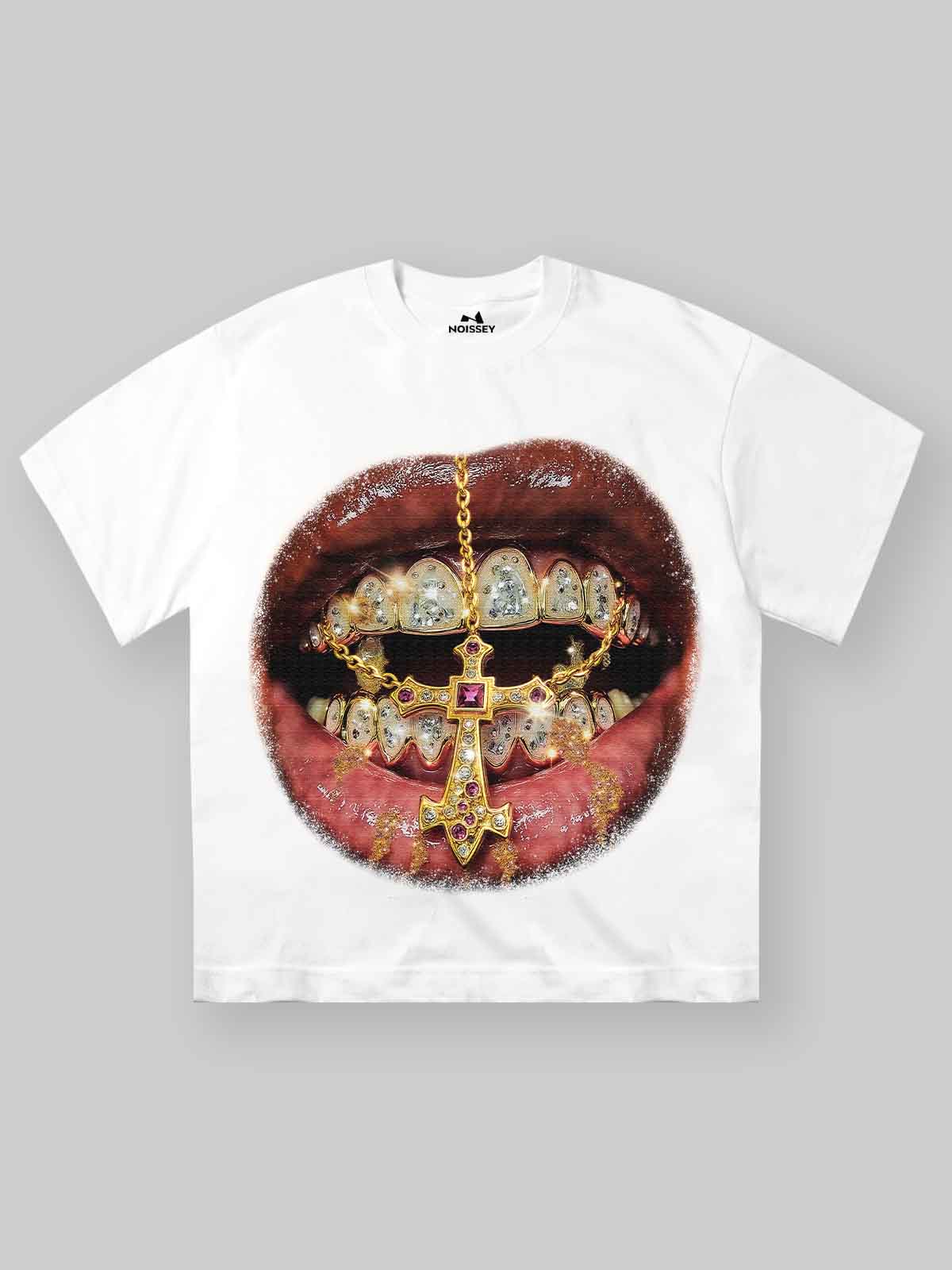 High-Quality Golden Cross Diamond Patch Grills Print 350g T-shirt