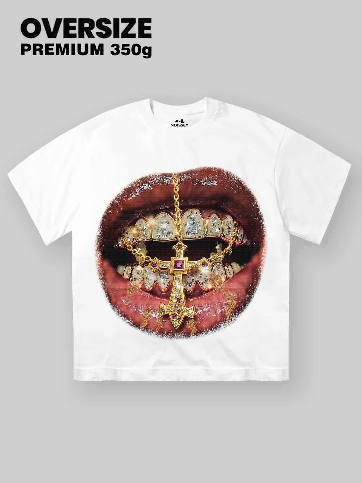 High-Quality Golden Cross Diamond Patch Grills Print 350g T-shirt