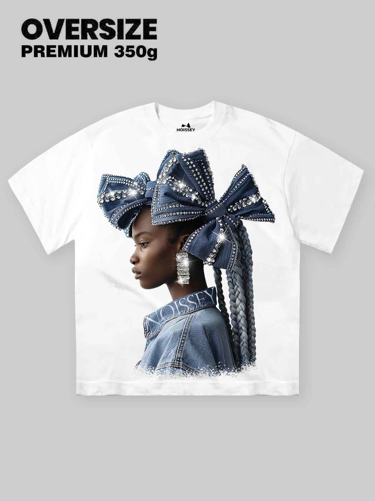 High quality Diamond Denim Bow Headwear Print 350g T-shirt