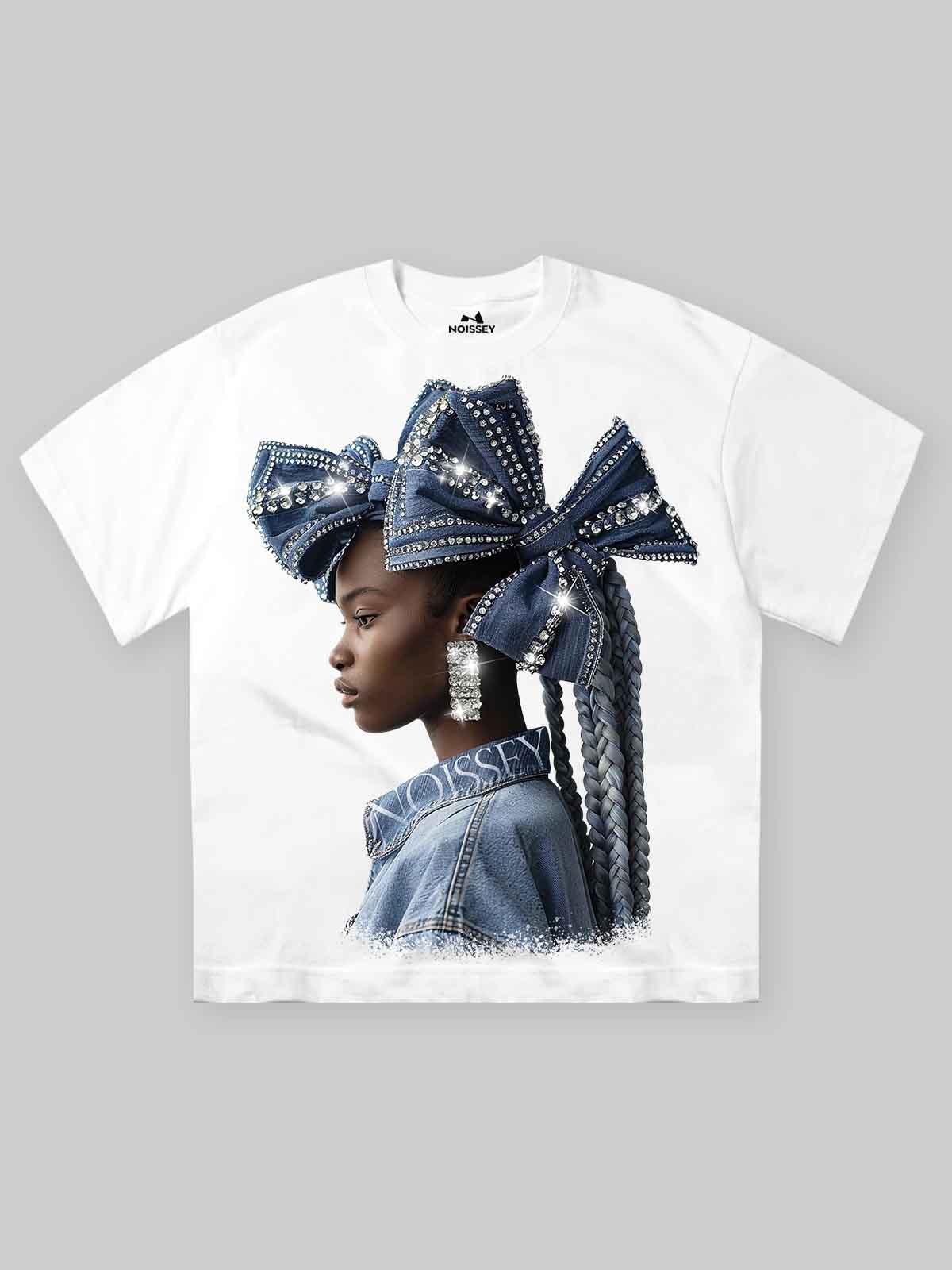 High quality Diamond Denim Bow Headwear Print 350g T-shirt