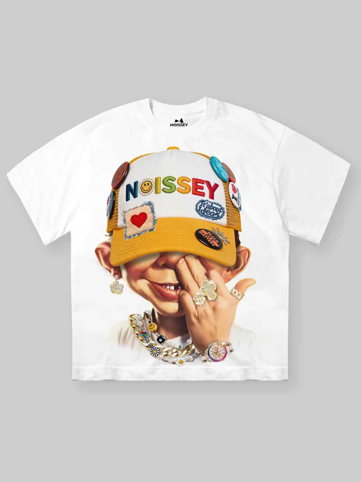 NOISSEY "Patchwork Bad Boy" Shimmering Jewelry Badge Cap Cartoon Portrait Oversized Tee