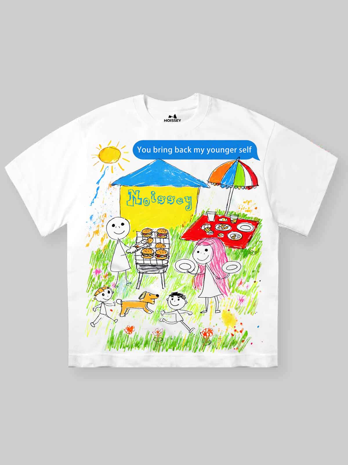 NOISSEY "Younger Self" Crayon Picnic Graphic Oversized Tee - Studio White