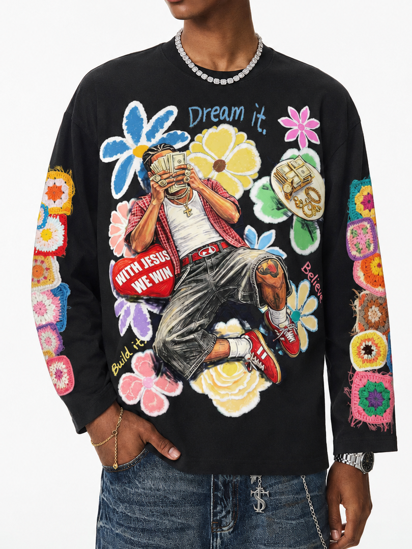 NOISSEY "Dream & Win" Fake Crochet Patchwork Floral & Cash Portrait Graphic Long Sleeve Tee Two Colors