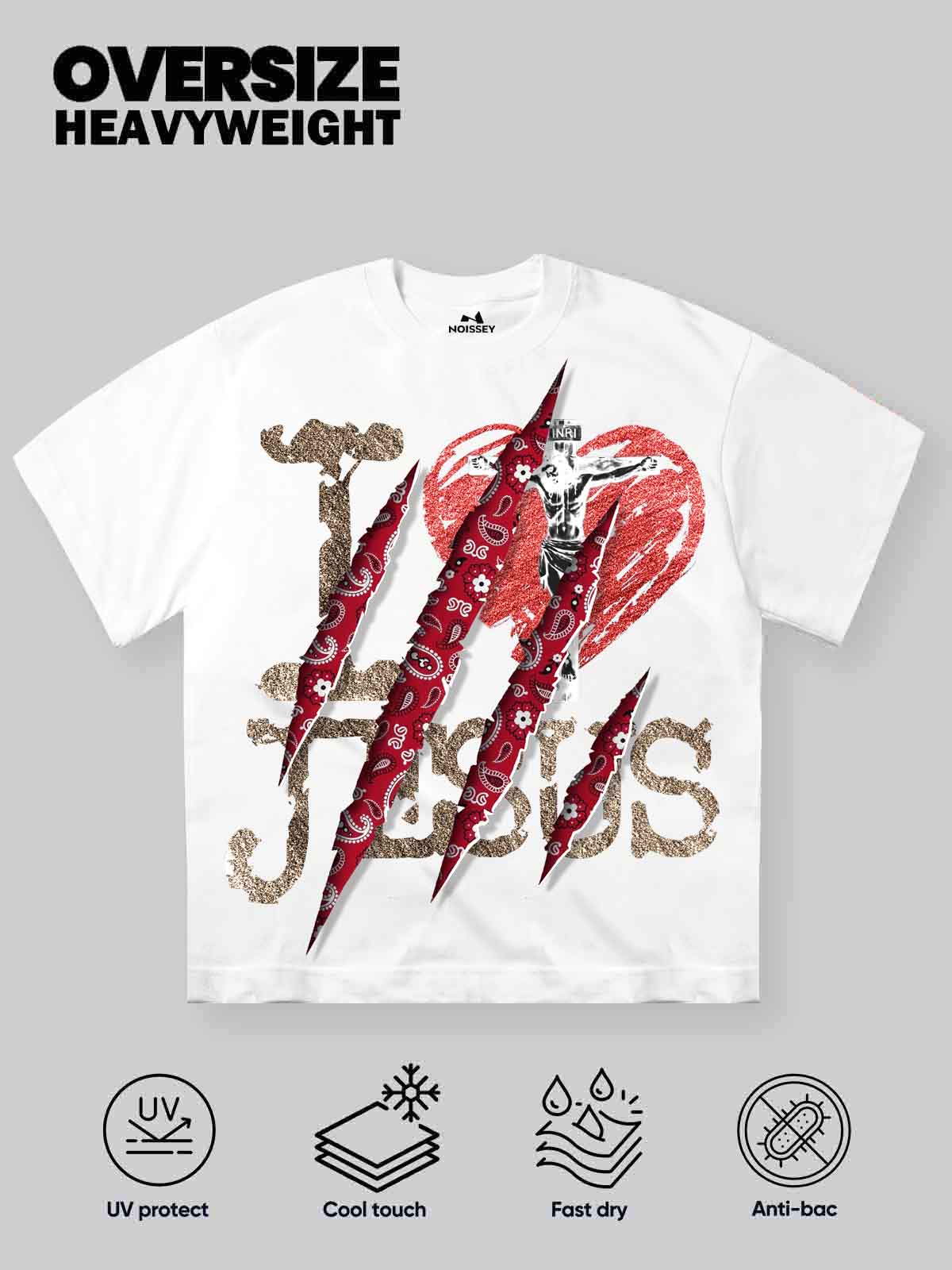 NOISSEY I LOVE JESUS Red Paisley Claw Slash Graphic T-Shirt - White Oversized Streetwear Tee