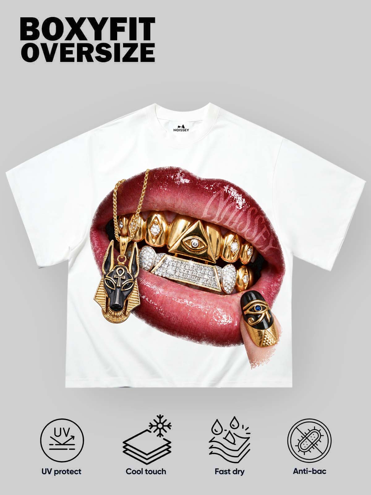 NOISSEY Anubis Necklace Pyramid Grillz Egyptian Nail Art White Boxy T-Shirt