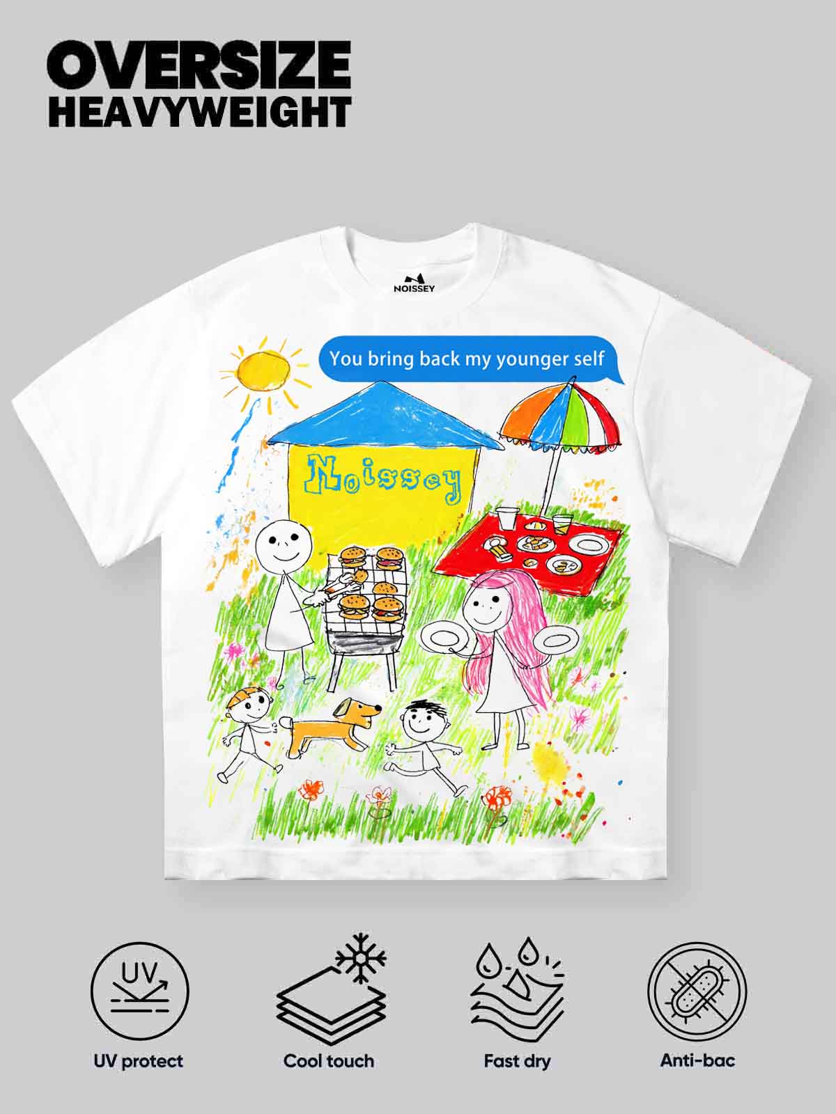 NOISSEY "Younger Self" Crayon Picnic Graphic Oversized Tee - Studio White