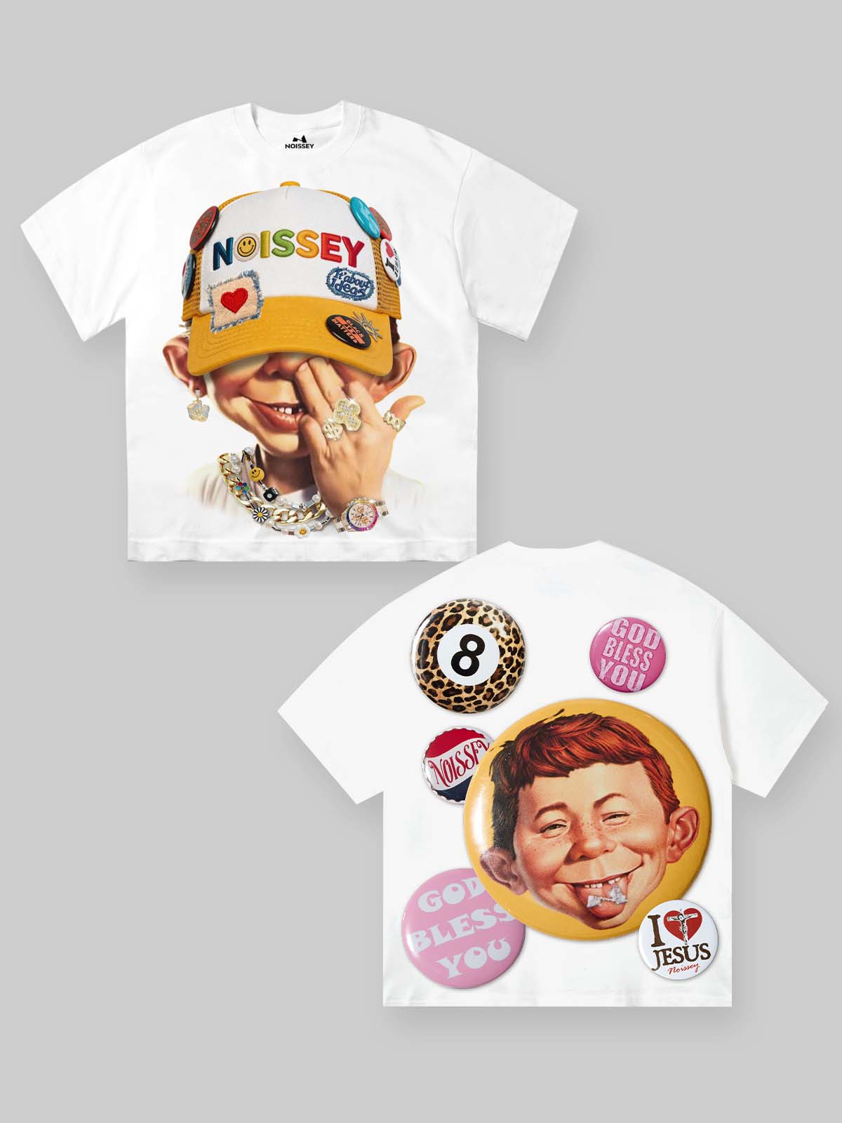 NOISSEY "Patchwork Bad Boy" Shimmering Jewelry Badge Cap Cartoon Portrait Oversized Tee