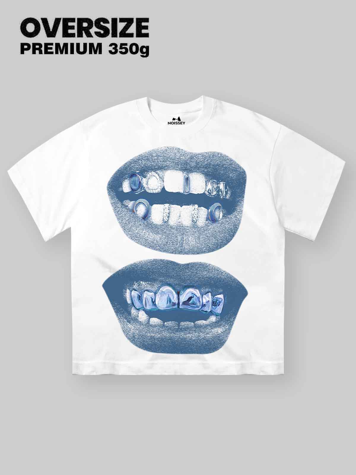 High-Quality Retro Blue Lips Grills Print 350g T-Shirt