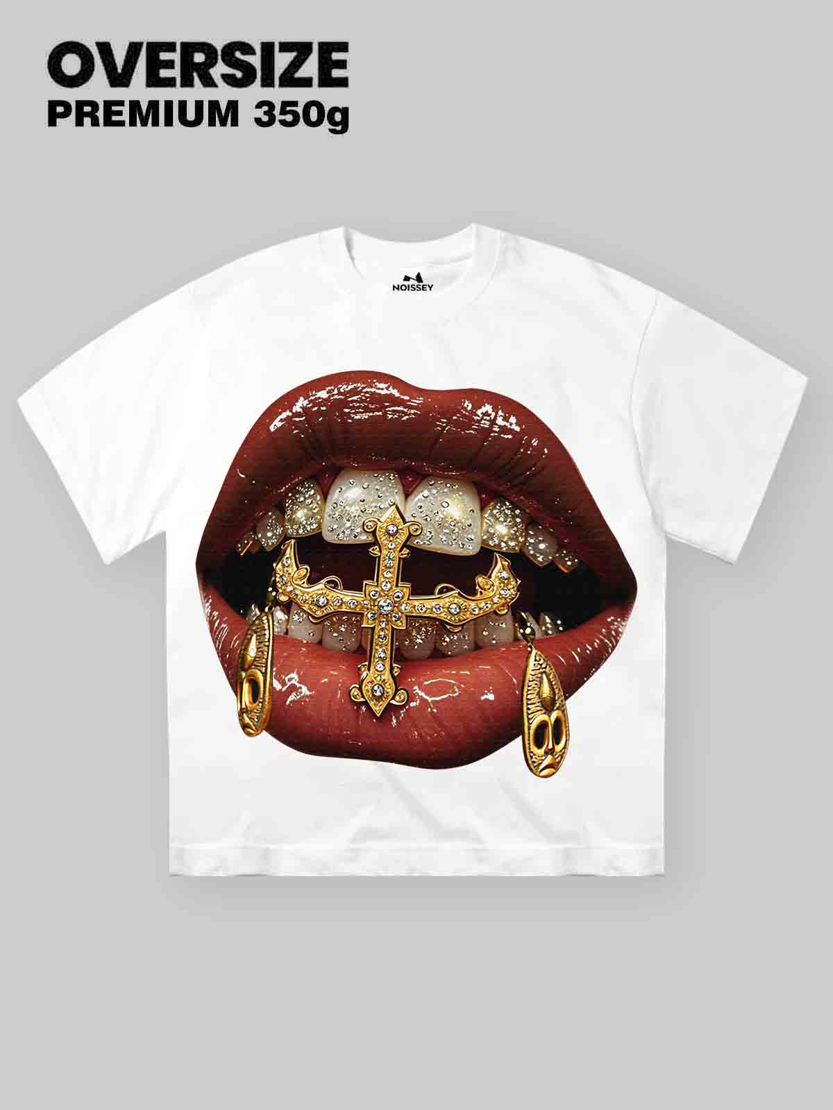 High-Quality Gold Diamond Ring and Mask Culture Lip Print 350g T-shirt