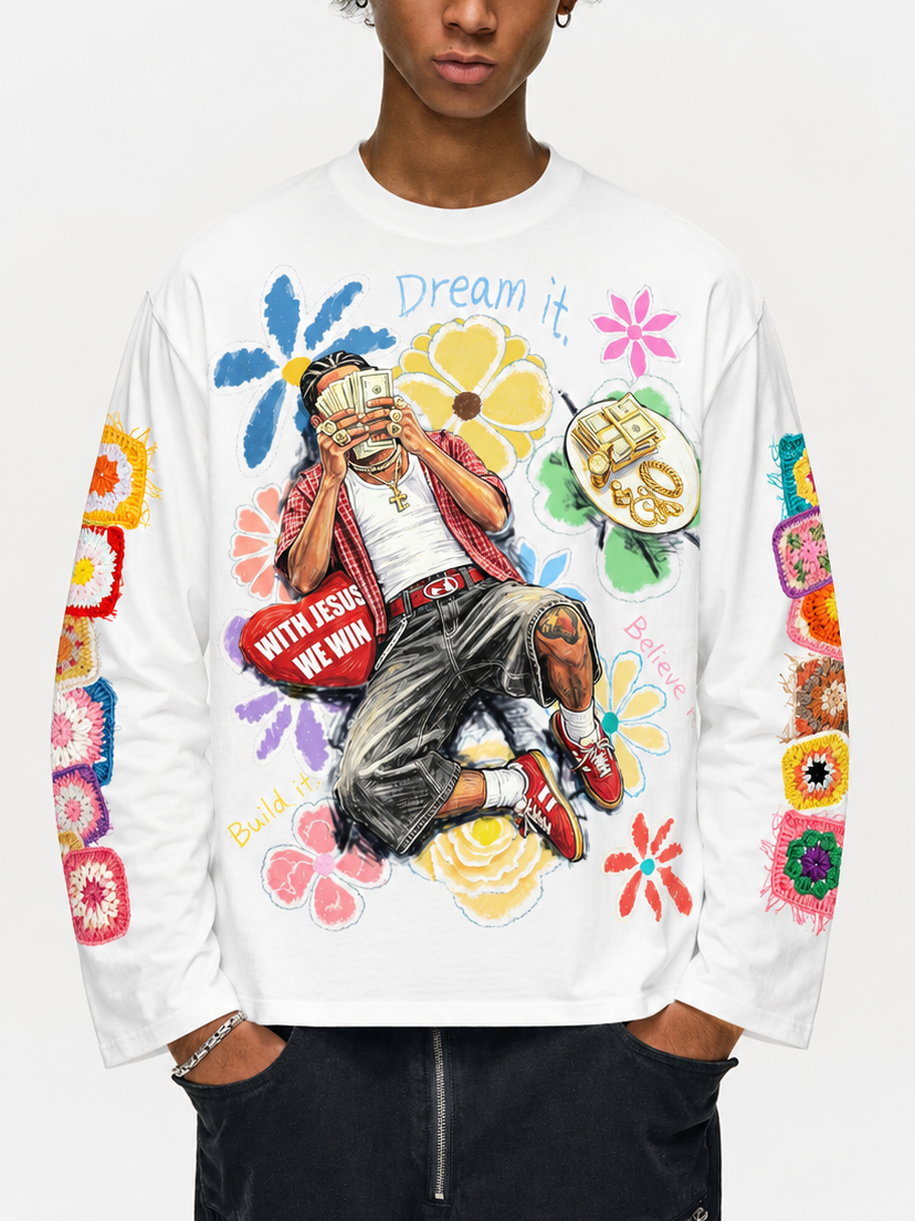 NOISSEY "Dream & Win" Fake Crochet Patchwork Floral & Cash Portrait Graphic Long Sleeve Tee Two Colors