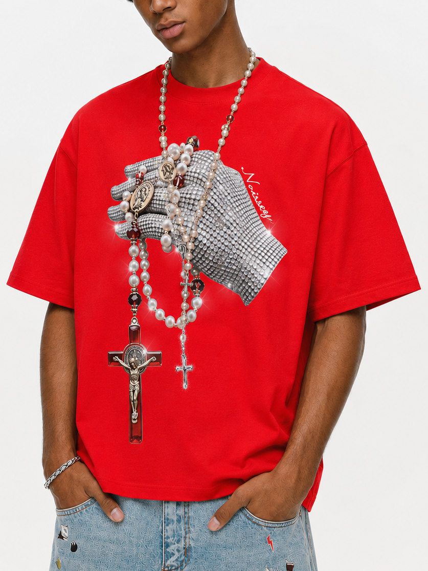 NOISSEY "Devotion Globe" Iced-Out Rhinestone Glove Sacred Pearl Rosary Heavyweight Boxy Tee