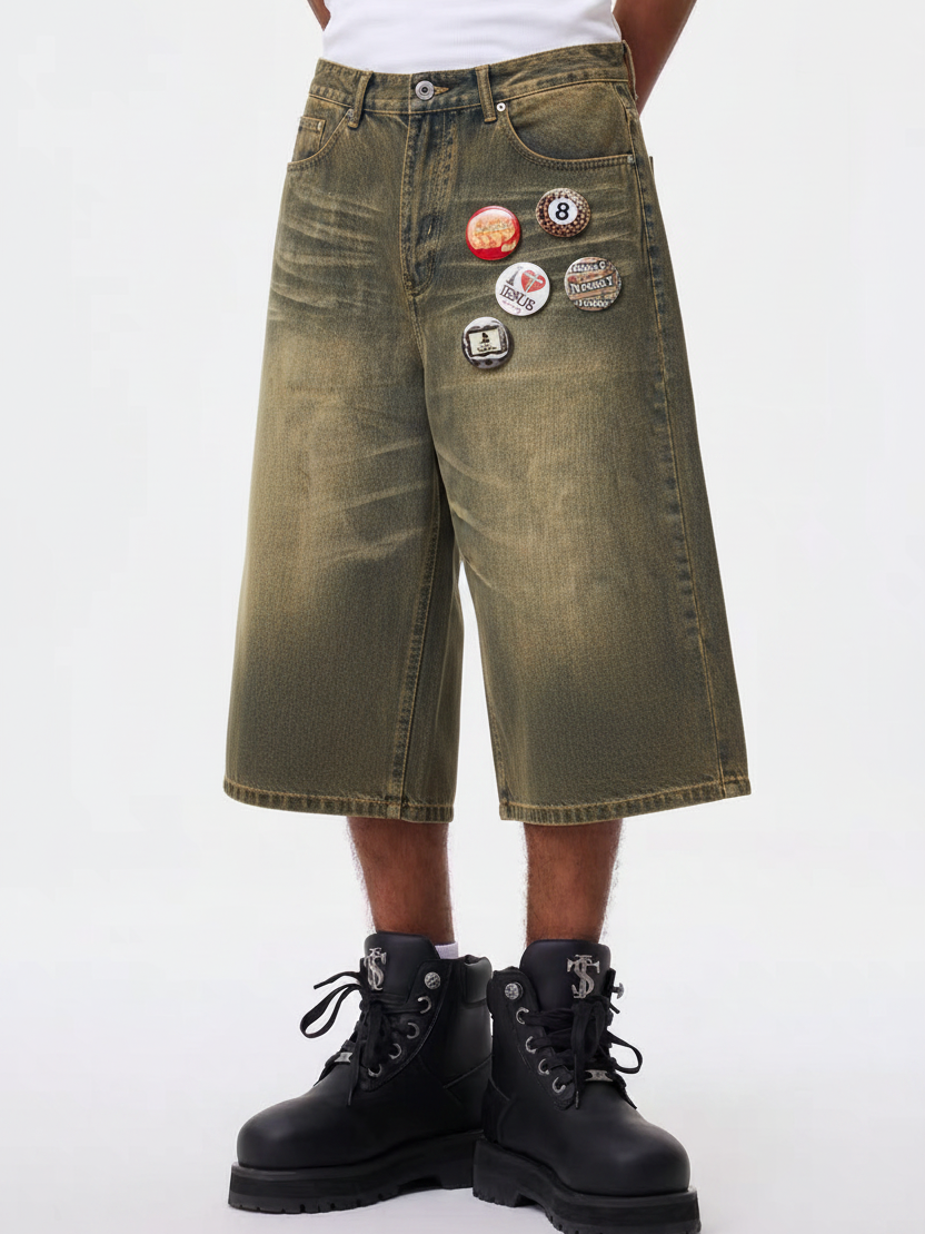 NOISSEY Badge-Work Vintage Wash Boxy Denim Culottes - Dirty Mud