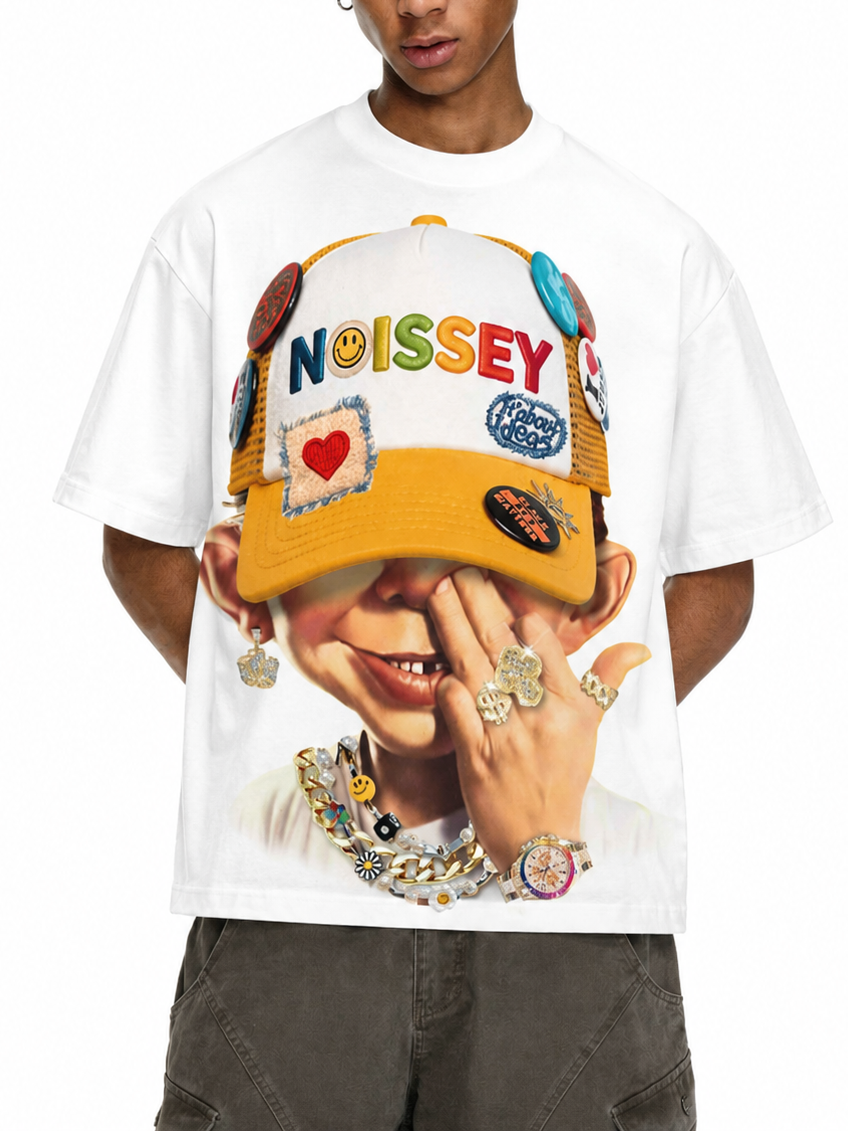 NOISSEY "Patchwork Bad Boy" Shimmering Jewelry Badge Cap Cartoon Portrait Oversized Tee