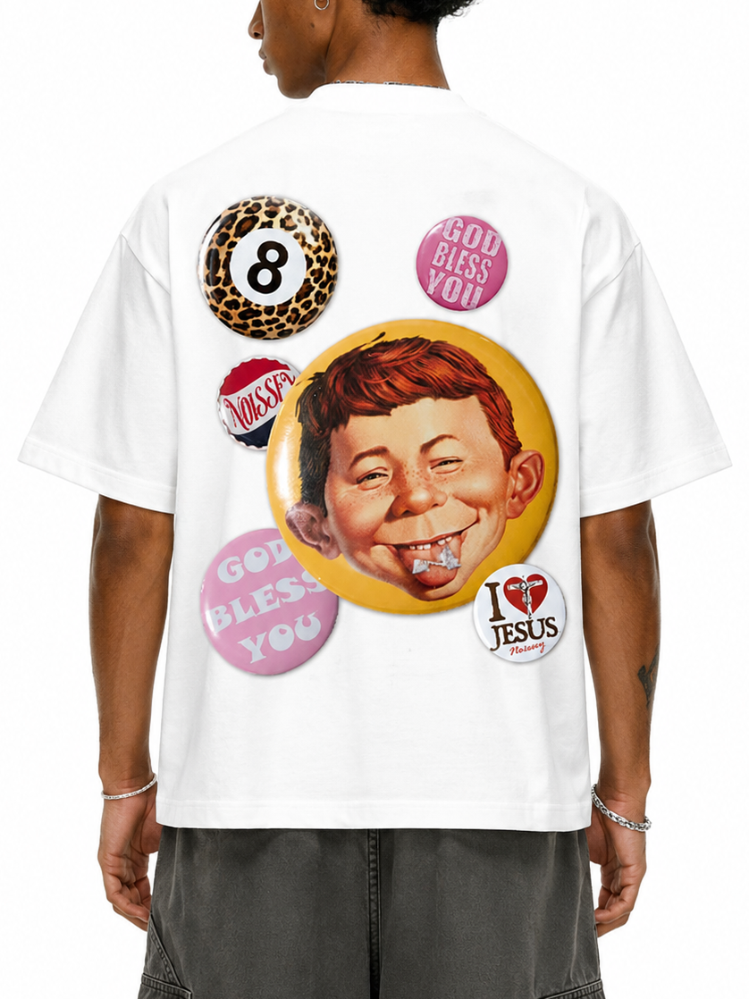NOISSEY "Patchwork Bad Boy" Shimmering Jewelry Badge Cap Cartoon Portrait Oversized Tee
