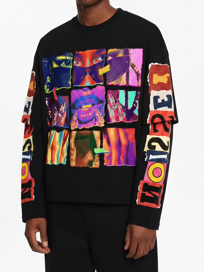 Camiseta NOISSEY de manga larga con efecto de capas y retrato pop art de cuadrícula de nueve - Negro