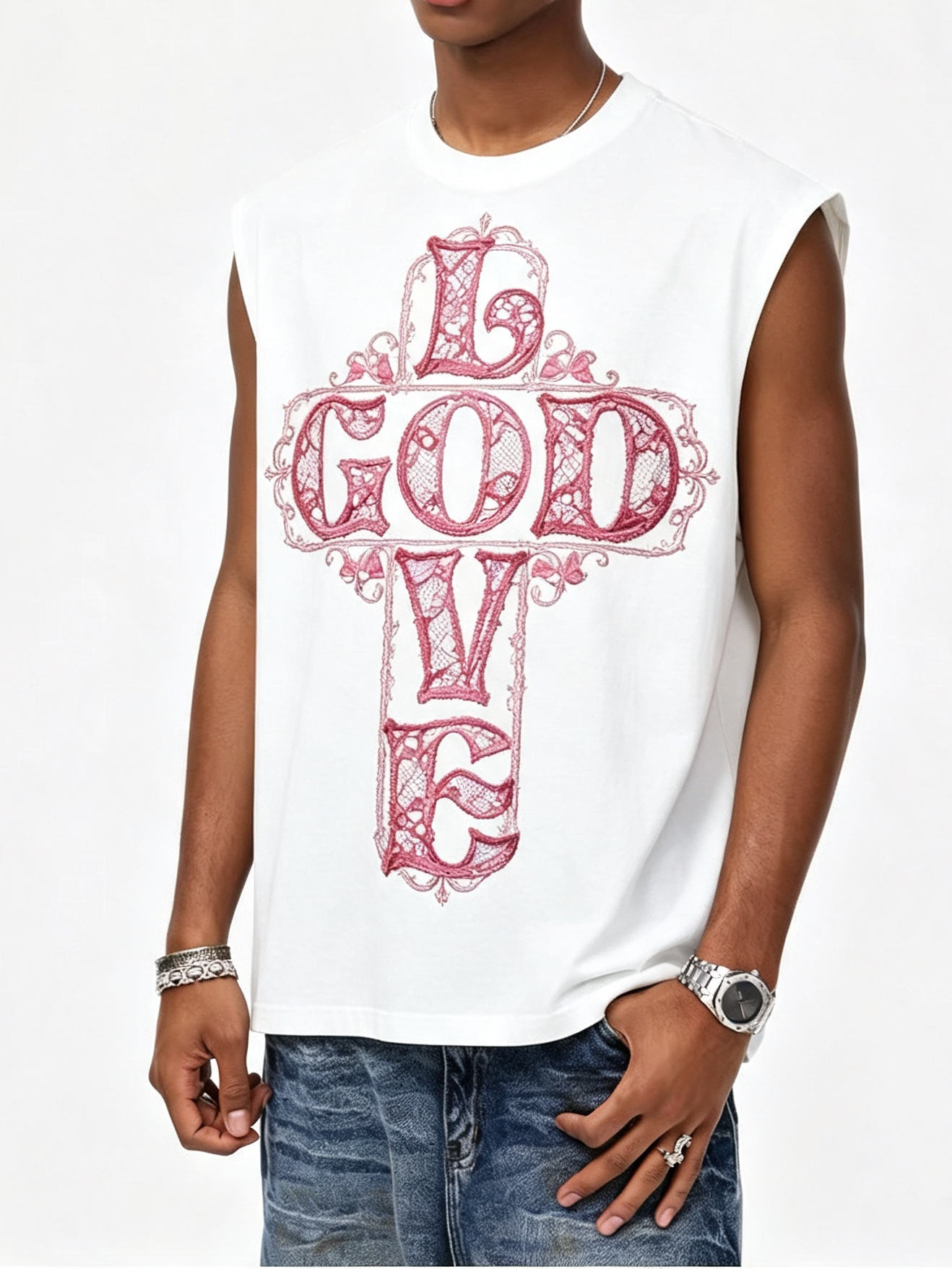 NOISSEY Pink Lace Cross "GOD IS LOVE" Graphic Oversized Tank Top - Pure White