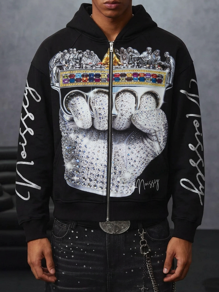 NOISSEY Iced-Out The Last Supper Brass Knuckles Black Zip-Up Hoodie