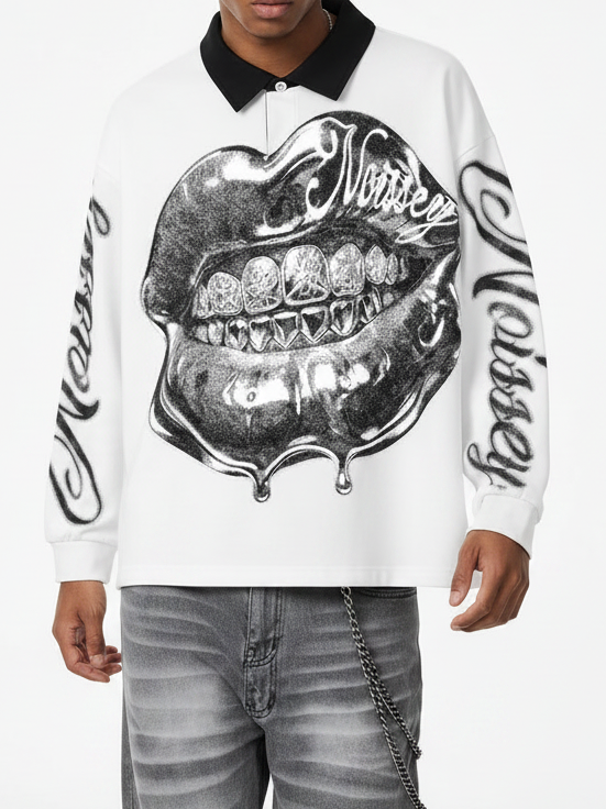 NOISSEY Liquid Chrome Iced-Out Lips Contrast Collar Polo Long Sleeves