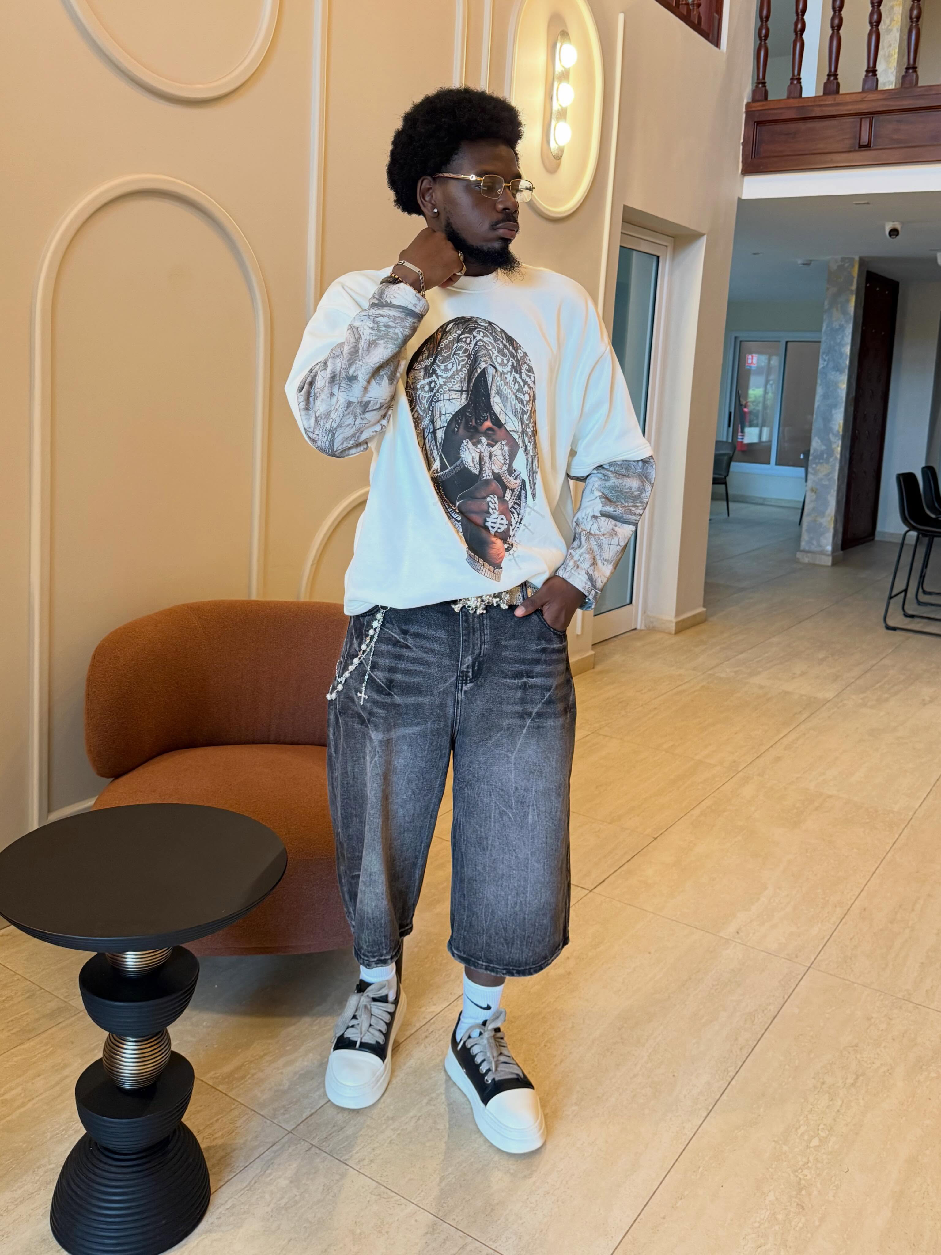 NOISSEY "Underground Vibe" Camo Panel Rap Graphic Sweatshirt - Off-White