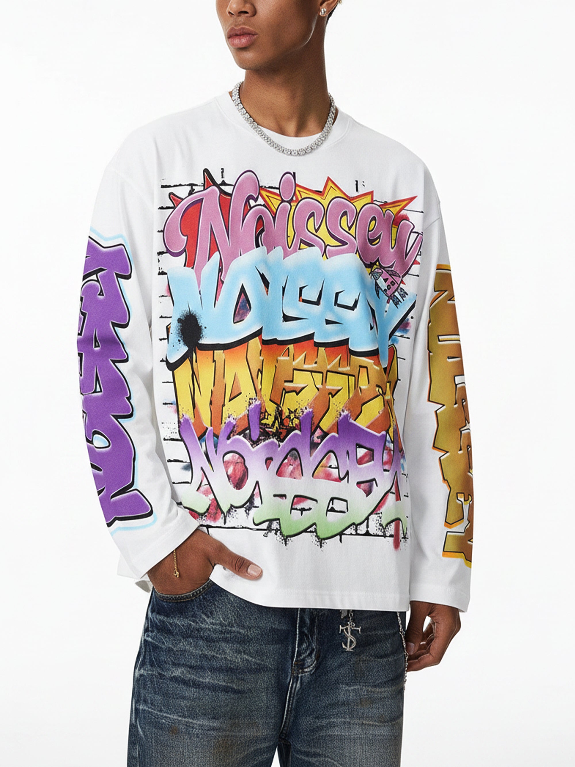 NOISSEY Multilayer Gradient Graffiti Long-Sleeve Tee - Pure White