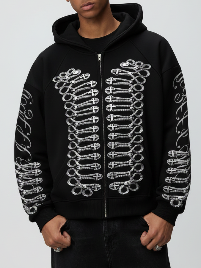 NOISSEY Vintage Metallic Knot Cross Full-Zip Hoodie - Classic Black