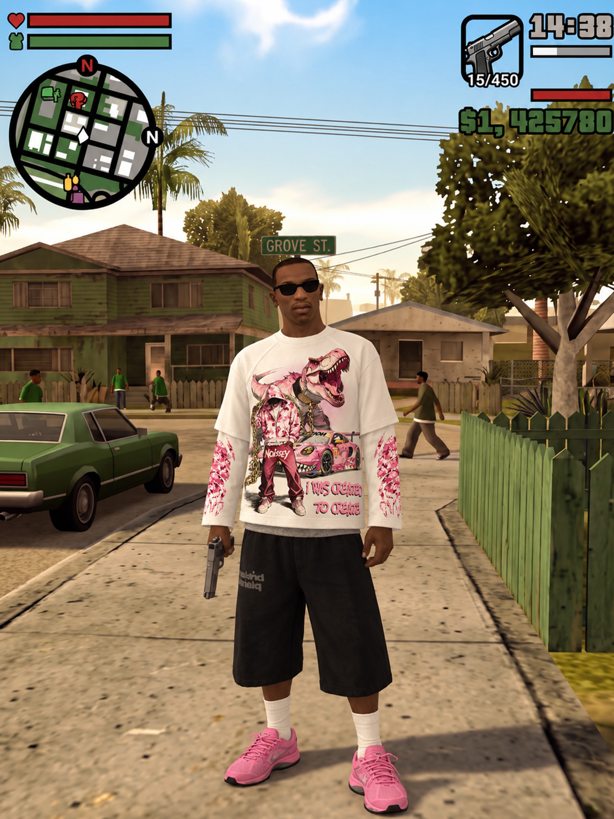 NOISSEY "I Was Created to Create" Pink Camo Dino Fake Two-Piece Long-Sleeve Tee