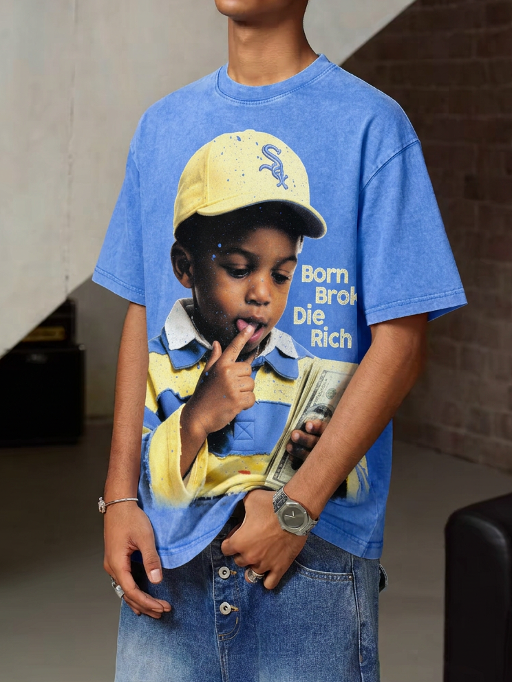 NOISSEY "Born Broke Die Rich" Yellow Cap Kid Graphic Acid-Washed Blue T-Shirt