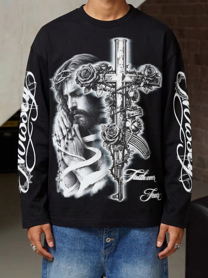 NOISSEY "Faith Over Fear" Praying Jesus &amp; Rose-Entwined AK-Cross Black Long Sleeve Tee