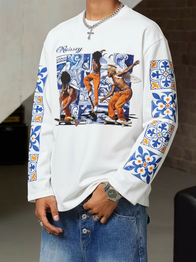 NOISSEY Blue Tile Skater Angels Long-Sleeve Sweatshirt - Pure White