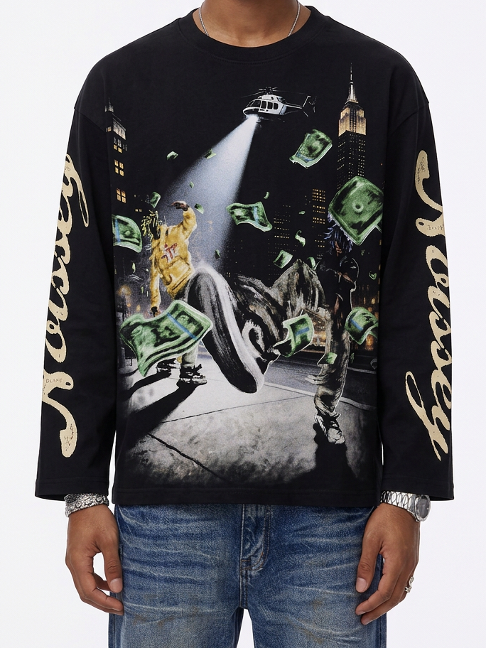 Camiseta NOISSEY de manga larga, ligeramente extragrande, con gráfico artístico «New York Night Heli-Cash» - Negro ónix