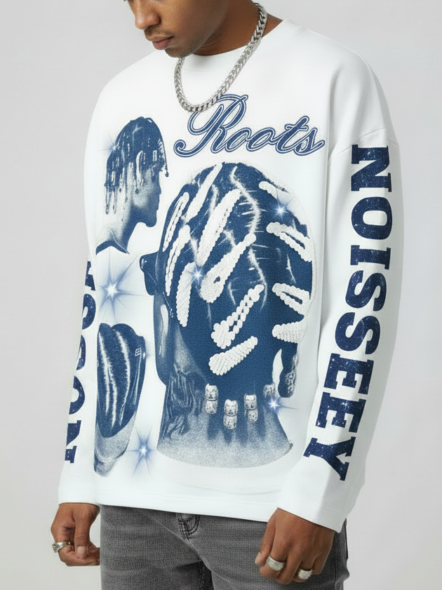 NOISSEY "Roots Deep" Retro Cyanotype Braids Culture Graphic Boxy Sweatshirt