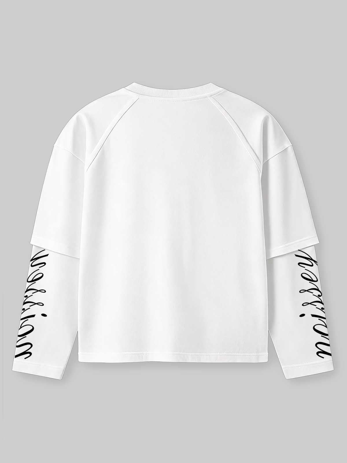 NOISSEY Bedazzled Cap Portrait Graphic Faux Two-Piece Sweatshirt - White Oversized Streetwear Crewneck