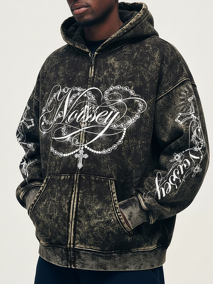 NOISSEY Vintage Washed Black Pearl Necklace Accessory & Printed Cross Zip-Up Hoodie