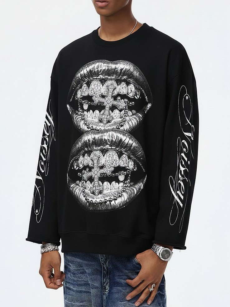 NOISSEY "Silver Metallic Lips" Chrome Cross & Diamond Grillz Graphic Long Sleeve Tee