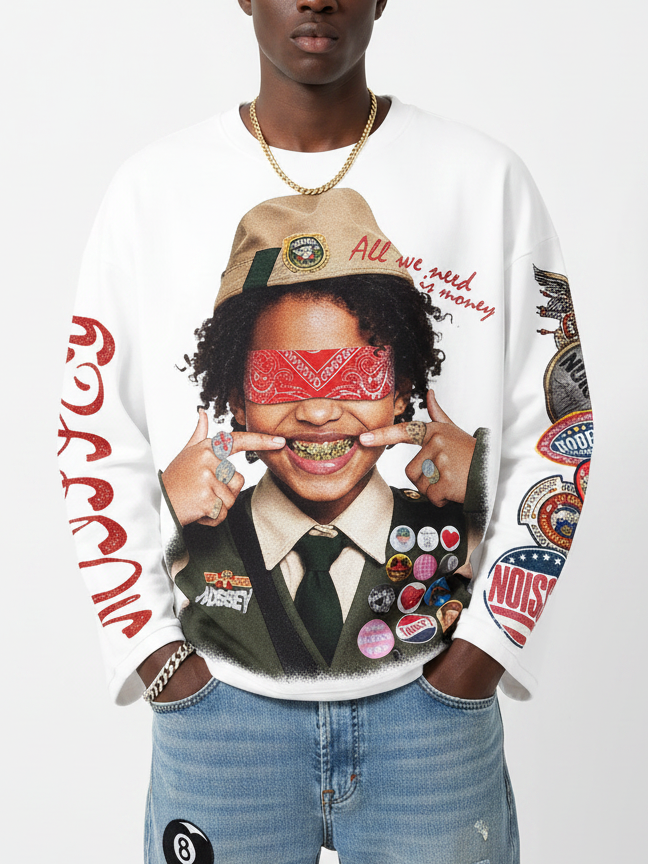 NOISSEY "Money Scout" Blindfolded Grillz Boy Asymmetric Sleeve Graphic Shirt
