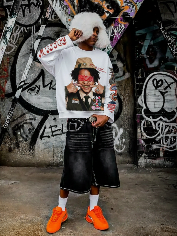NOISSEY "Money Scout" Blindfolded Grillz Boy Asymmetric Sleeve Graphic Shirt