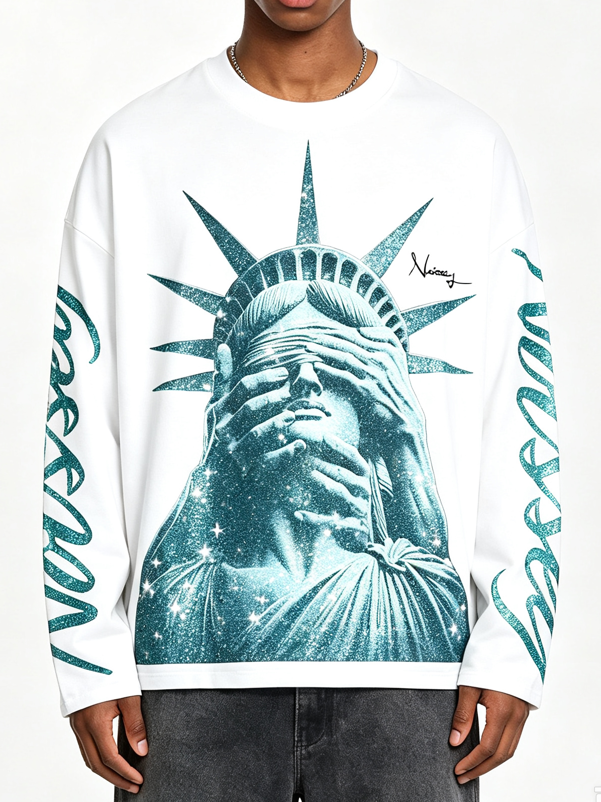 NOISSEY "Liberty Blinded" Felpa a maniche lunghe con grafica di diamante turchese scintillante