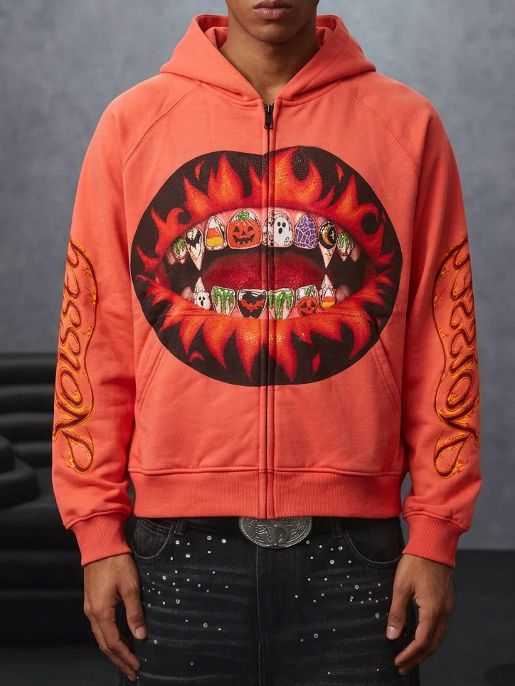 NOISSEY "Spooky Grillz" Flame Lips &amp; Halloween Diamond Grillz Orange Zip-Up Hoodie