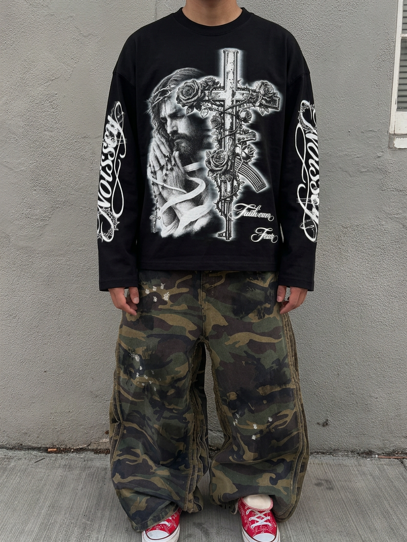 NOISSEY "Faith Over Fear" Praying Jesus &amp; Rose-Entwined AK-Cross Black Long Sleeve Tee