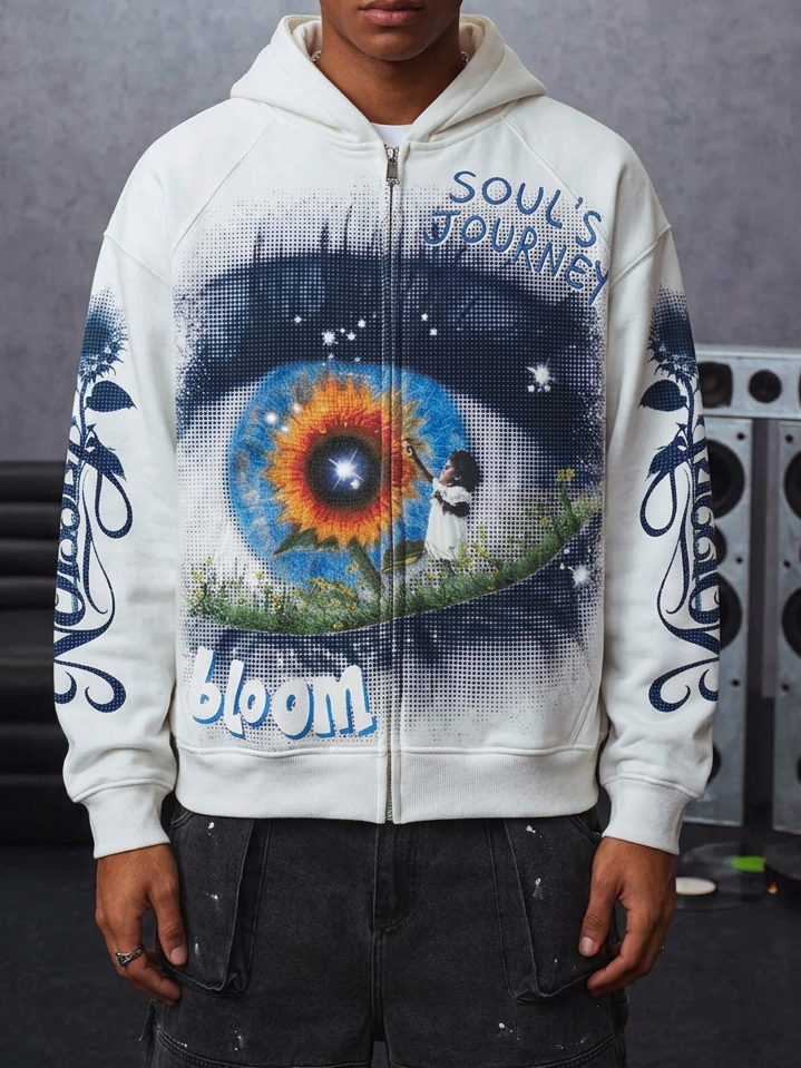 NOISSEY Soul's Journey Giant Blue Eye Sunflower Little Girl White Zip-Up Hoodie