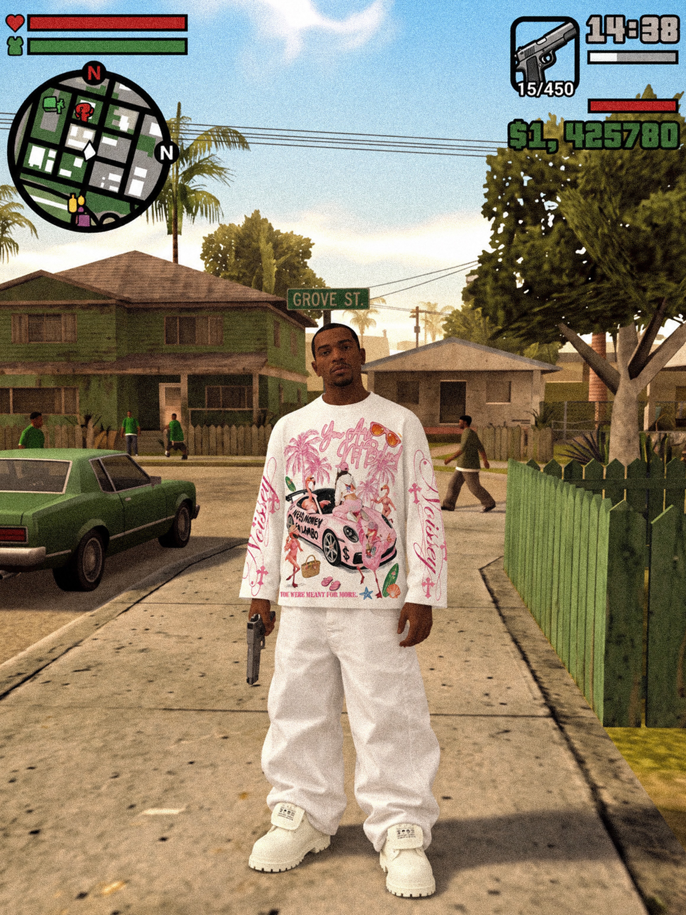 NOISSEY Pink Supercar Flamingo Resort Vibe White Long Sleeve Shirt