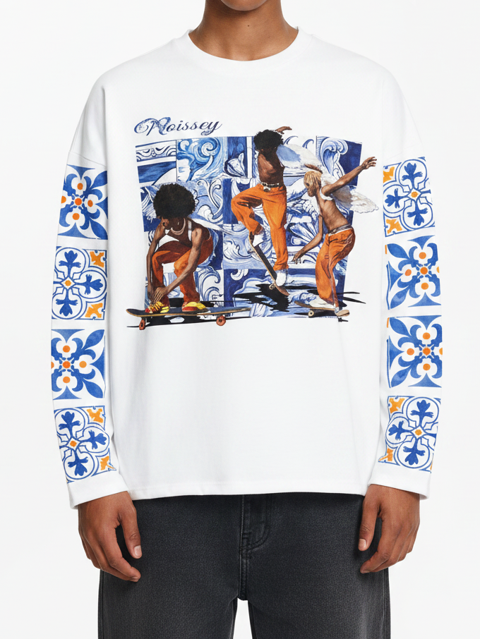 NOISSEY Blue Tile Skater Angels Long-Sleeve Sweatshirt - Pure White