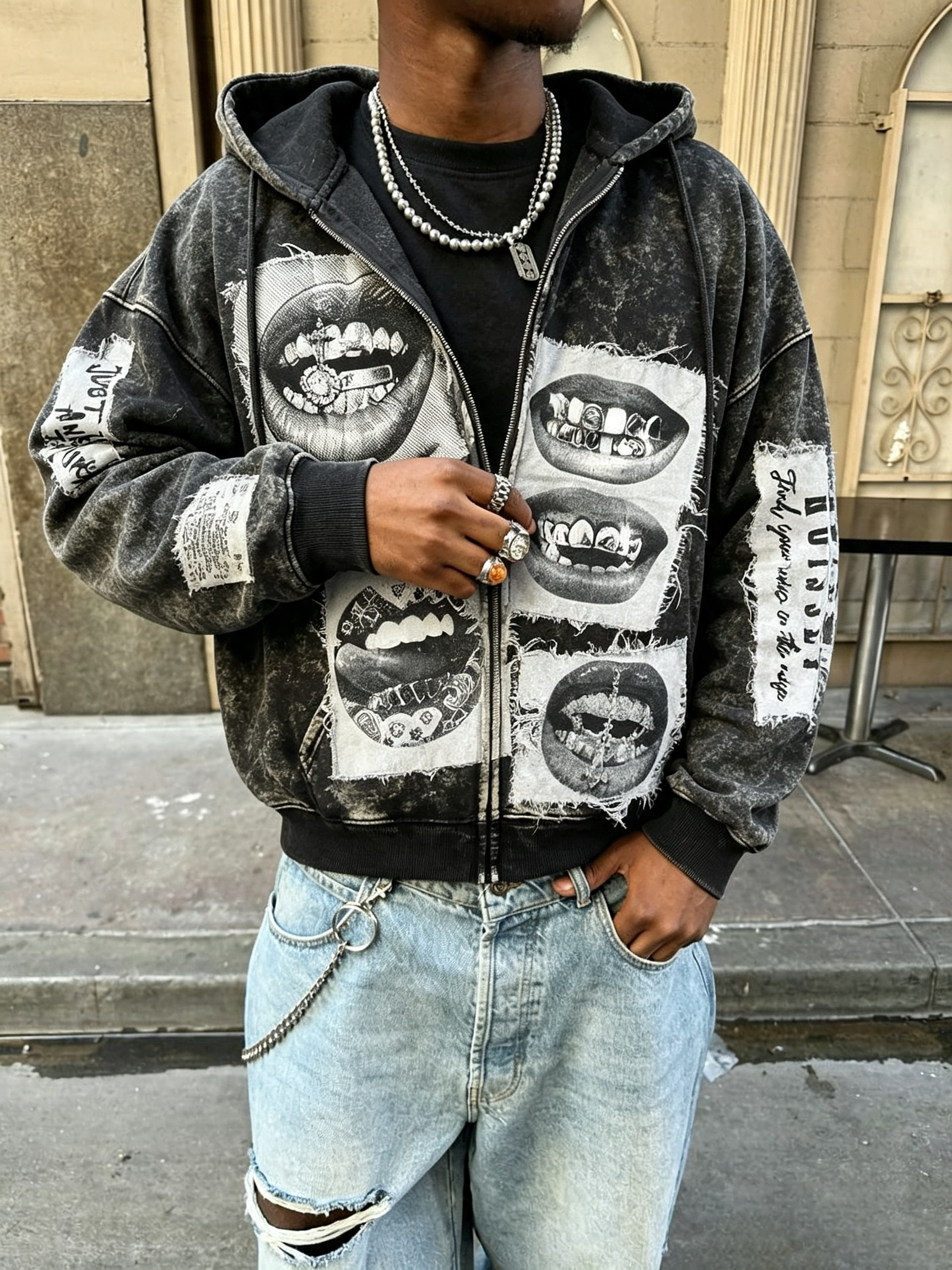 NOISSEY Washed Vintage Faux-Patchwork Diamond Grillz Lips Zip-Up Hoodie - Washed Black